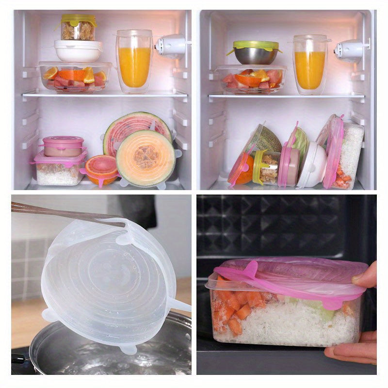 Set of 6 Silicone Stretch Lids - Reusable Covers for Bowls, Plates, and Pots - Safe for Microwave and Freezer - Ideal for Storing Fruits and Vegetables in the Kitchen.