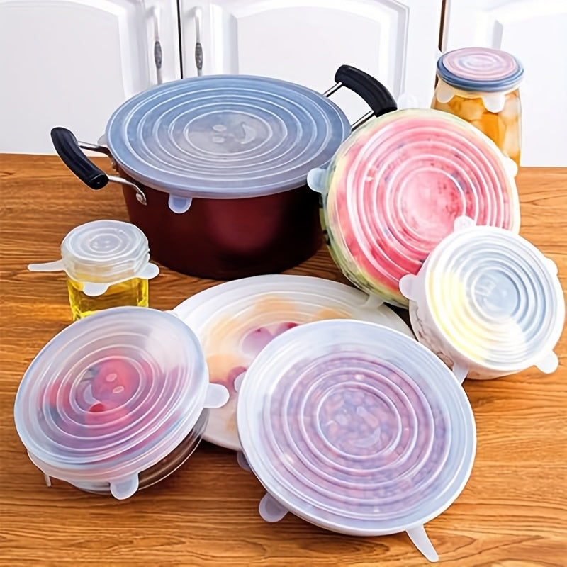 Set of 6 Silicone Stretch Lids - Reusable Covers for Bowls, Plates, and Pots - Safe for Microwave and Freezer - Ideal for Storing Fruits and Vegetables in the Kitchen.