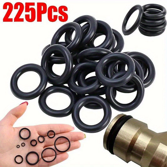 225-piece O-Ring Kit: Tough rubber seals suitable for automotive and machinery use, resistant to oil and water, various sizes included.