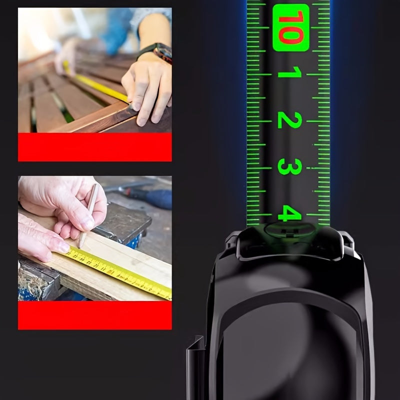 High-precision laser tape measure with automatic lock, durable coating, wear-resistant steel, 5m display.