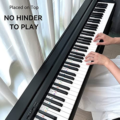 Silicone piano note guide for beginners, 88 key full size, removable stickers, reusable, no adhesive required. Quick & easy music learning.