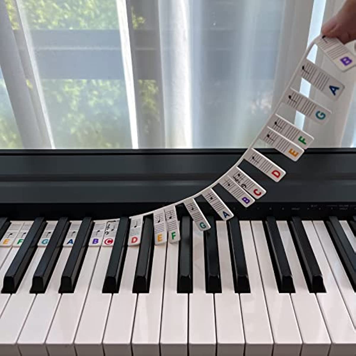 Silicone piano note guide for beginners, 88 key full size, removable stickers, reusable, no adhesive required. Quick & easy music learning.