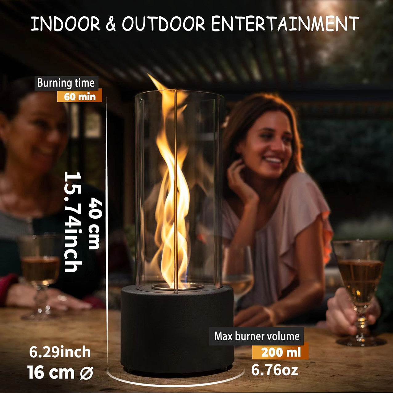 Glass Cylinder Modern Tabletop Fireplace - Metallic Fire Pit for Indoor and Outdoor Use, Alcohol-Fueled, No Electricity Needed - 1 Pack