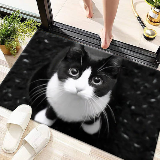 Non-Slip Doormat with Black & White Cat Pattern - Made of Polyester, Hand Washable, Suitable for Indoor/Outdoor Use, Anti-Skid Bathroom Rug - Measures Less Than 1.8M Long, Covers an Area of Under 2.16m².