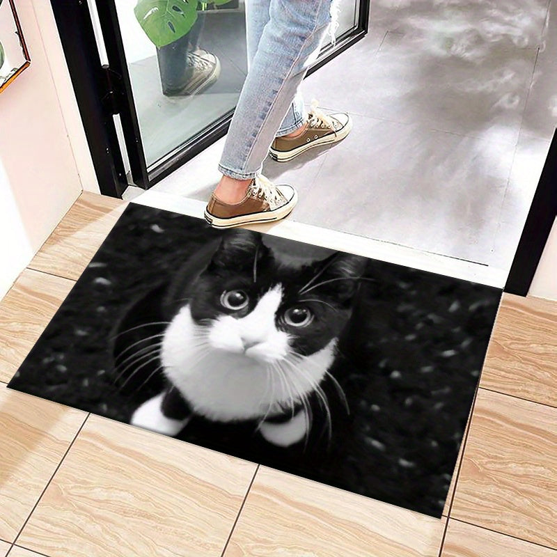 Non-Slip Doormat with Black & White Cat Pattern - Made of Polyester, Hand Washable, Suitable for Indoor/Outdoor Use, Anti-Skid Bathroom Rug - Measures Less Than 1.8M Long, Covers an Area of Under 2.16m².