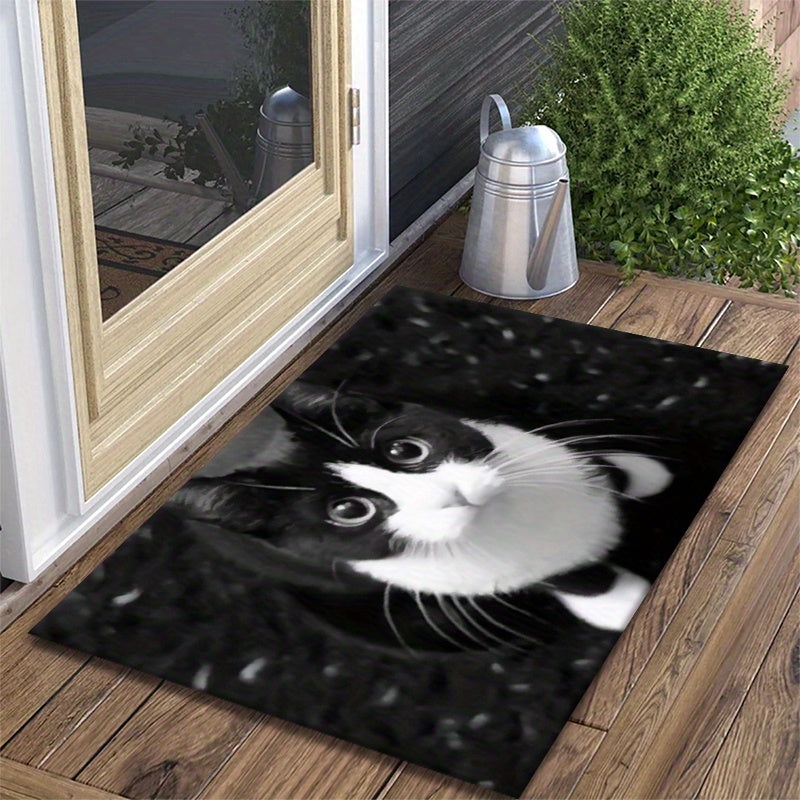 Non-Slip Doormat with Black & White Cat Pattern - Made of Polyester, Hand Washable, Suitable for Indoor/Outdoor Use, Anti-Skid Bathroom Rug - Measures Less Than 1.8M Long, Covers an Area of Under 2.16m².