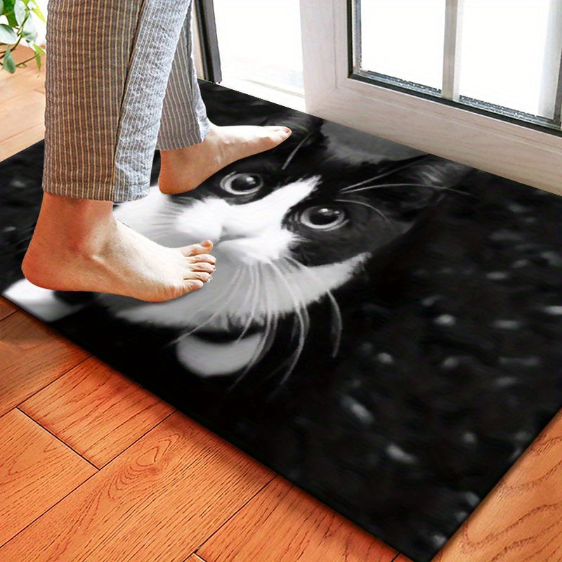 Non-Slip Doormat with Black & White Cat Pattern - Made of Polyester, Hand Washable, Suitable for Indoor/Outdoor Use, Anti-Skid Bathroom Rug - Measures Less Than 1.8M Long, Covers an Area of Under 2.16m².