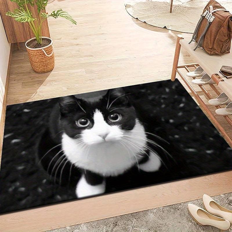 Non-Slip Doormat with Black & White Cat Pattern - Made of Polyester, Hand Washable, Suitable for Indoor/Outdoor Use, Anti-Skid Bathroom Rug - Measures Less Than 1.8M Long, Covers an Area of Under 2.16m².