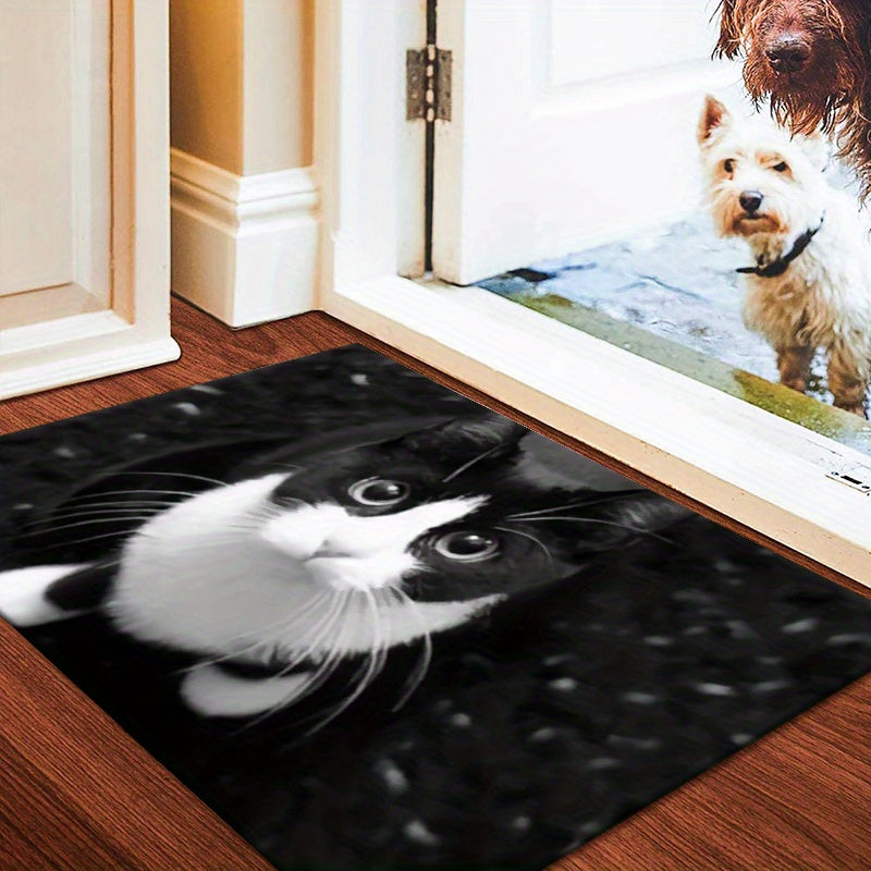 Non-Slip Doormat with Black & White Cat Pattern - Made of Polyester, Hand Washable, Suitable for Indoor/Outdoor Use, Anti-Skid Bathroom Rug - Measures Less Than 1.8M Long, Covers an Area of Under 2.16m².