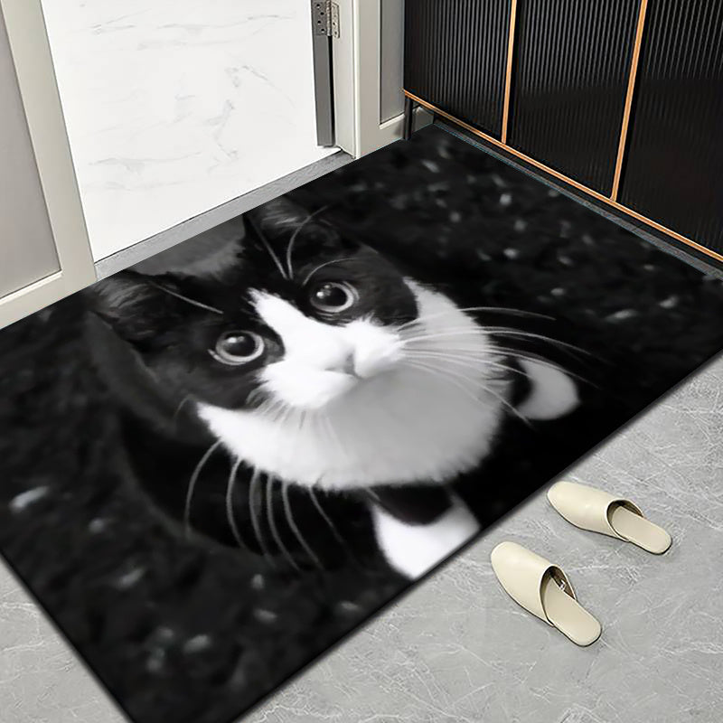 Non-Slip Doormat with Black & White Cat Pattern - Made of Polyester, Hand Washable, Suitable for Indoor/Outdoor Use, Anti-Skid Bathroom Rug - Measures Less Than 1.8M Long, Covers an Area of Under 2.16m².