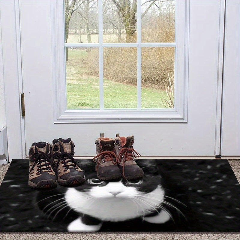 Non-Slip Doormat with Black & White Cat Pattern - Made of Polyester, Hand Washable, Suitable for Indoor/Outdoor Use, Anti-Skid Bathroom Rug - Measures Less Than 1.8M Long, Covers an Area of Under 2.16m².