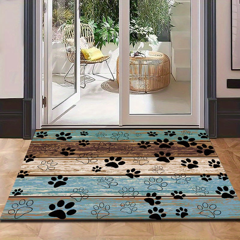 Welcome guests in style with the Paw Print Welcome Door Rug, perfect for both indoor and outdoor use. This durable, anti-slip, and quick-dry rug is a stylish addition to any living room, bedroom, bathroom, kitchen, patio, or laundry room. Its