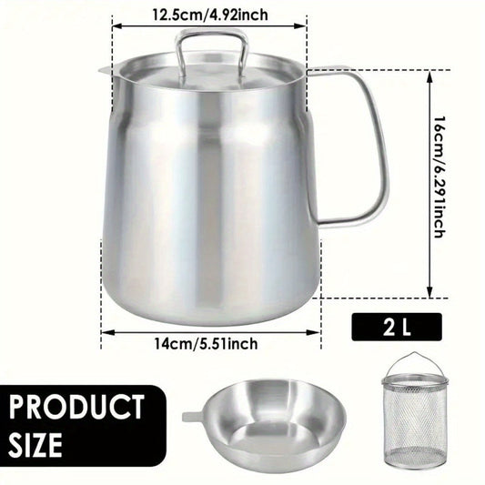 2L Capacity Large Stainless Steel Oil Filter Pot - Suitable for Kitchen and Camping, 68oz Size