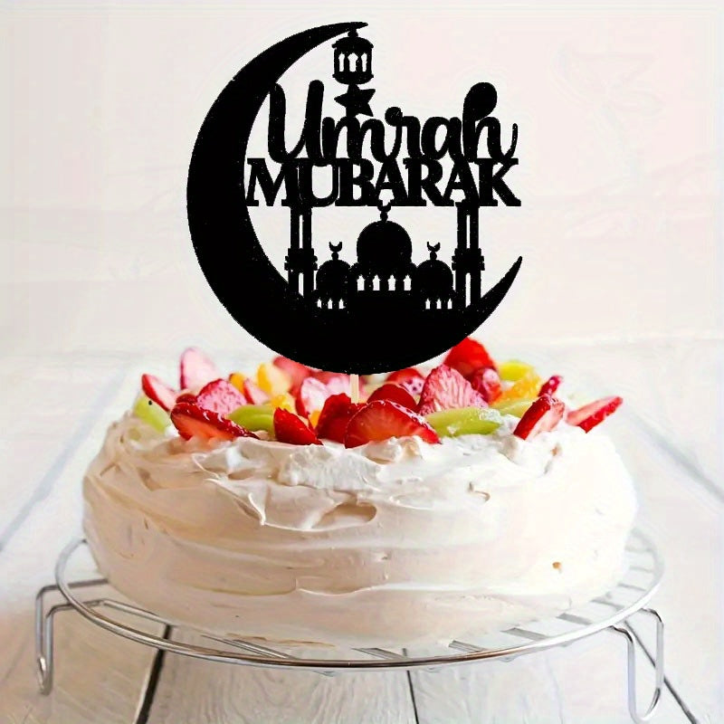 Celebrate with Elegance: Customize your dessert presentation with the 1PC Umrah Mubarak Acrylic Cake Topper Decoration. This elegant black design is perfect for Islamic celebrations, birthdays, and parties. Suitable for ages 12 and up.