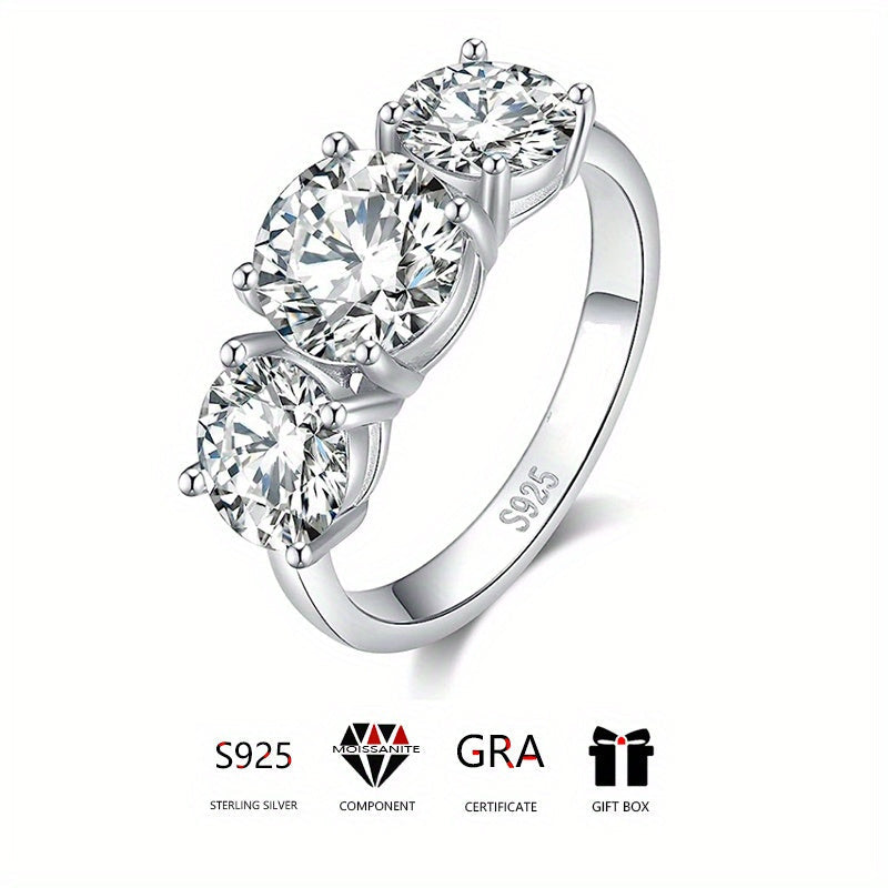 Elegant 3-Stone Design Moissanite Engagement Ring in S925 Sterling Silver, 2.0/4.0 Carat Luxurious Sparkle for Men & Women, Ideal for Weddings & Special Occasions, Comes with Valentine's Day Gift Box