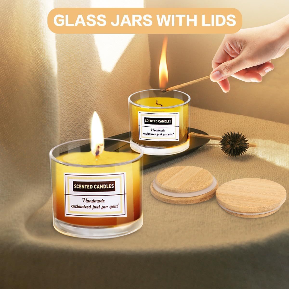 Set of 8 clear glass candle jars, including both 4oz and 18oz sizes with wide mouths and bamboo lids. Sticky labels are included, making it perfect for DIY candle making. These jars are dishwasher safe.