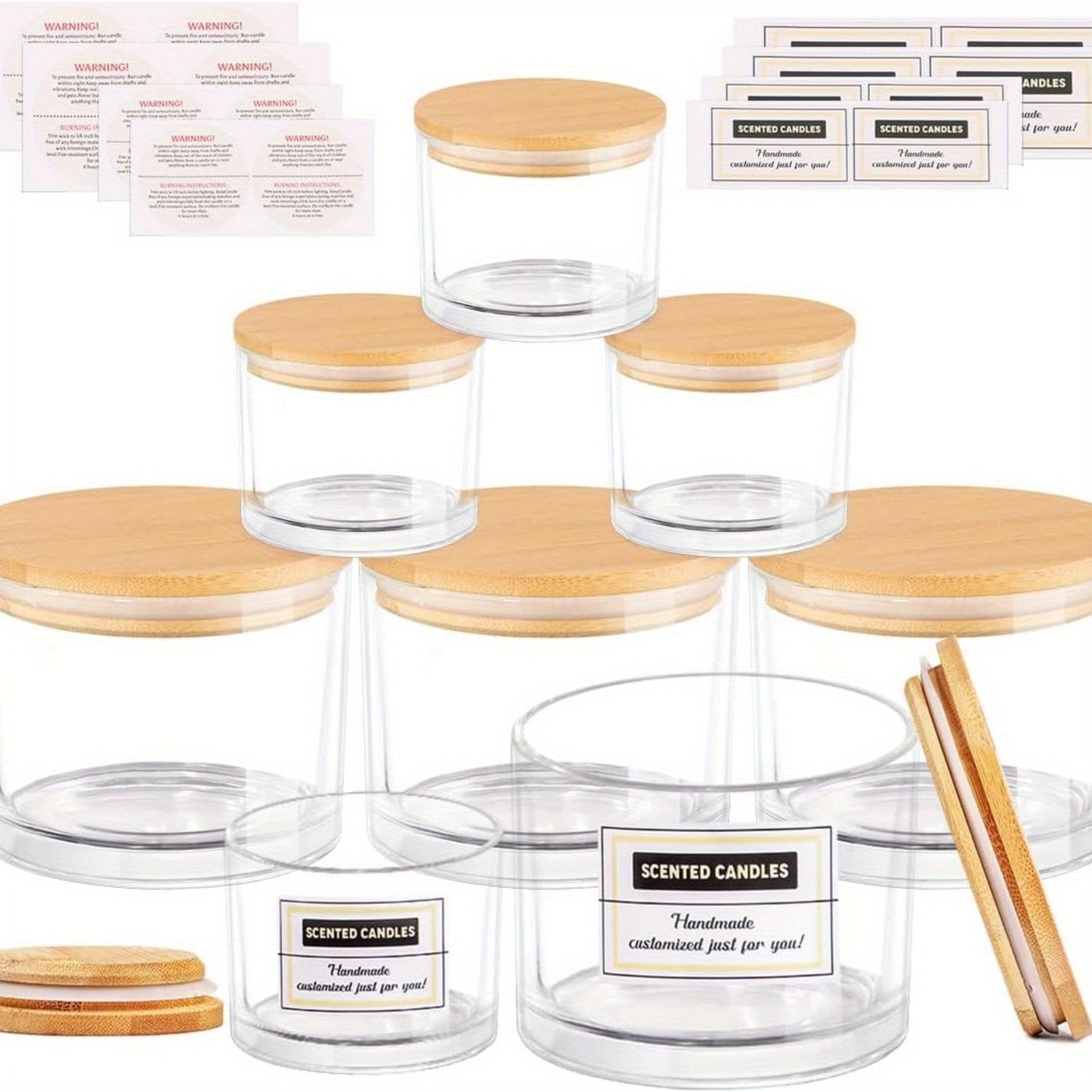 Set of 8 clear glass candle jars, including both 4oz and 18oz sizes with wide mouths and bamboo lids. Sticky labels are included, making it perfect for DIY candle making. These jars are dishwasher safe.