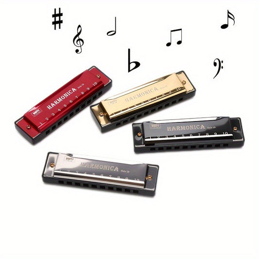 10-hole harmonica in key of C, lacquered metal finish, copper core, resin body, ideal for beginners, teaching, playing, and gifting - 1 pc.