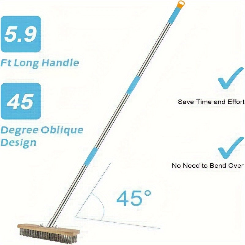 One pack of outdoor and floor wire brush with long handle, made of stainless steel measuring 179.83 cm in length. Designed at a 45° angle for efficient surface cleaning without the need for electricity. Perfect for removing deck, garage, patio, and