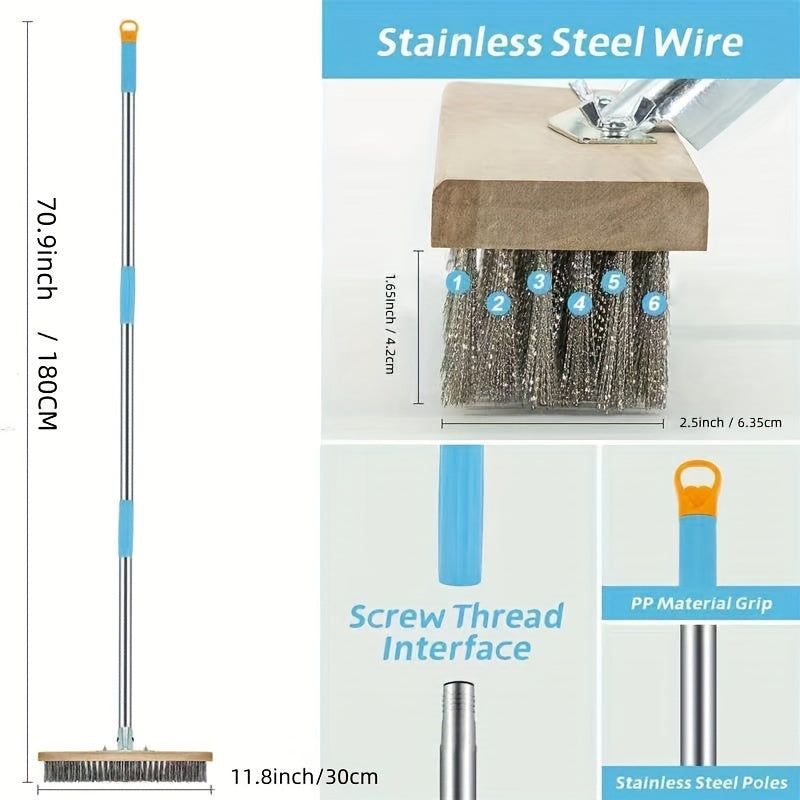 One pack of outdoor and floor wire brush with long handle, made of stainless steel measuring 179.83 cm in length. Designed at a 45° angle for efficient surface cleaning without the need for electricity. Perfect for removing deck, garage, patio, and