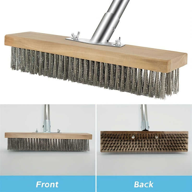 One pack of outdoor and floor wire brush with long handle, made of stainless steel measuring 179.83 cm in length. Designed at a 45° angle for efficient surface cleaning without the need for electricity. Perfect for removing deck, garage, patio, and