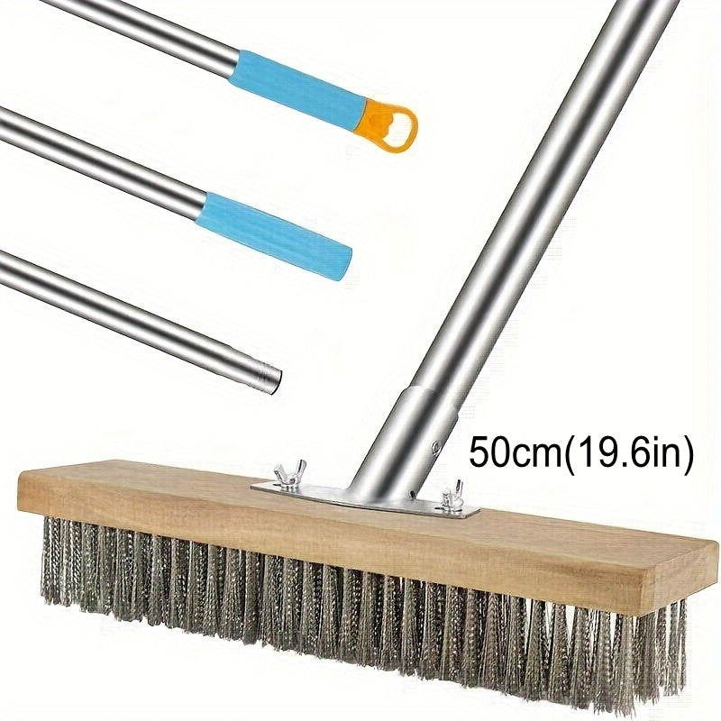 One pack of outdoor and floor wire brush with long handle, made of stainless steel measuring 179.83 cm in length. Designed at a 45° angle for efficient surface cleaning without the need for electricity. Perfect for removing deck, garage, patio, and