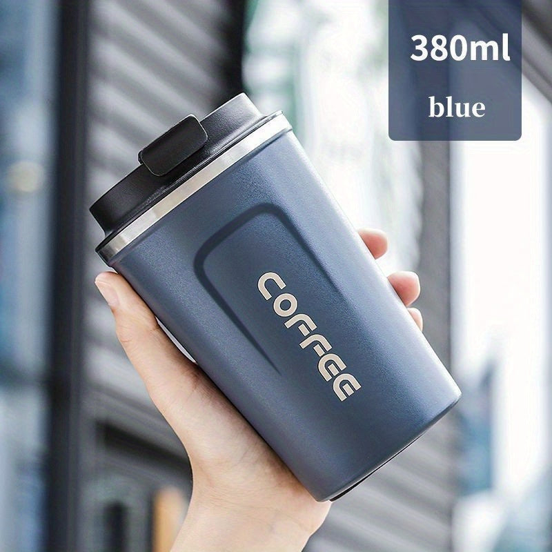 An elegant European stainless steel coffee mug with double-wall insulation and lockable lid, ideal for on-the-go use. Durable, leak-proof, and BPA-free. Hand wash only.