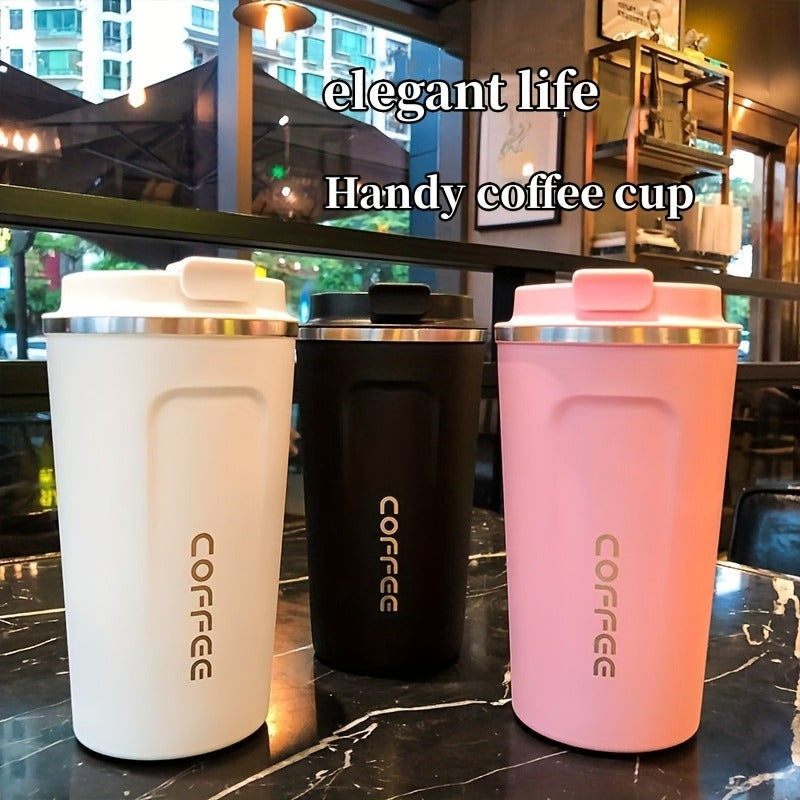 An elegant European stainless steel coffee mug with double-wall insulation and lockable lid, ideal for on-the-go use. Durable, leak-proof, and BPA-free. Hand wash only.