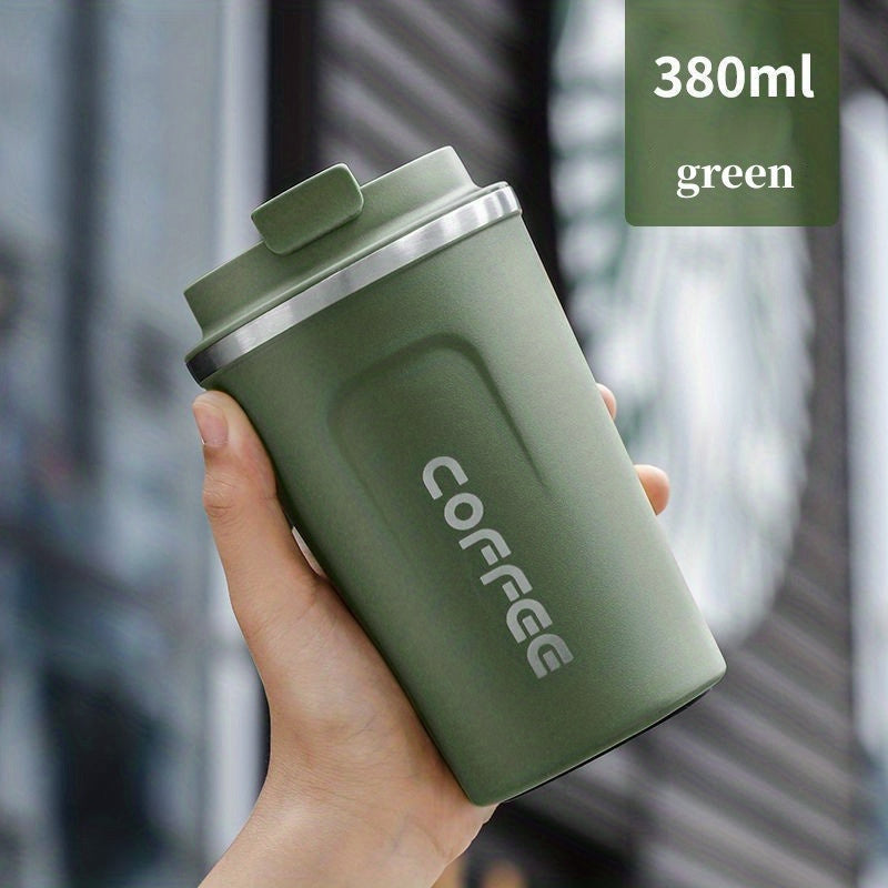 An elegant European stainless steel coffee mug with double-wall insulation and lockable lid, ideal for on-the-go use. Durable, leak-proof, and BPA-free. Hand wash only.