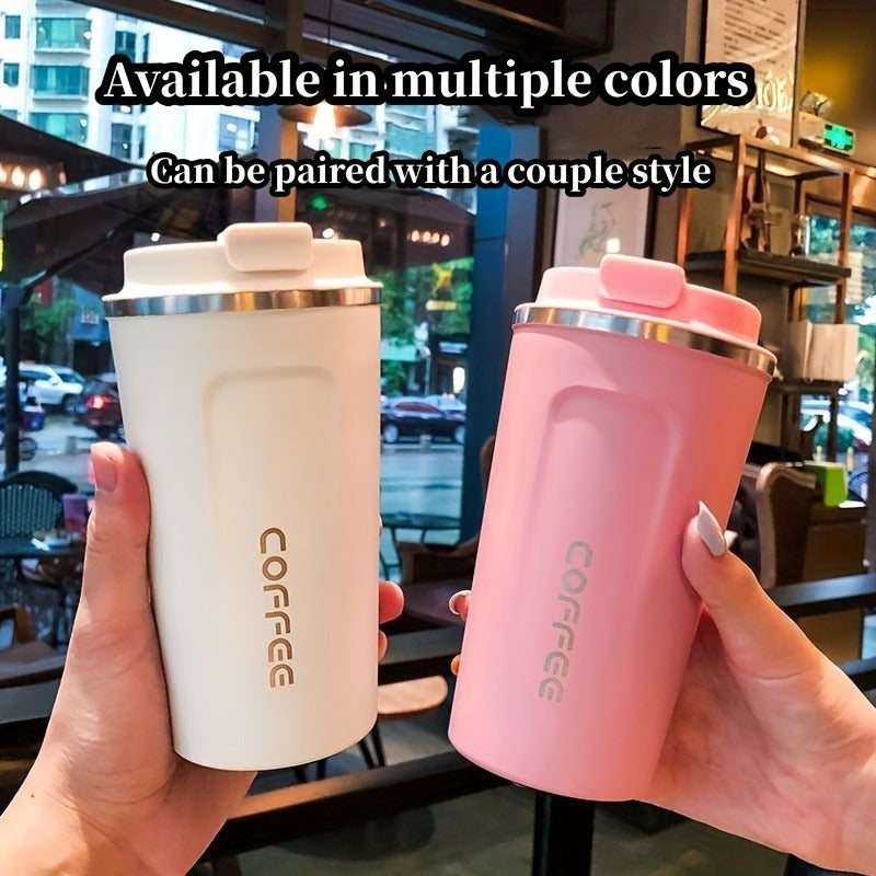 Luxurious European-designed coffee mug for on-the-go use. Portable, durable, exquisite, and leak-proof. Ideal for both men and women. Hand wash only, made of BPA-free stainless steel.