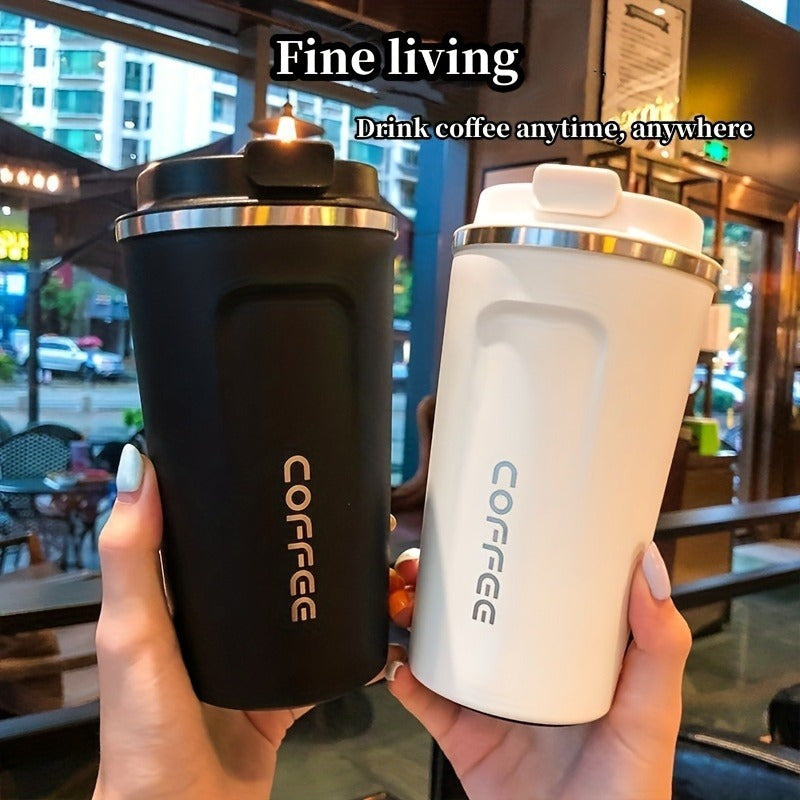 An elegant European stainless steel coffee mug with double-wall insulation and lockable lid, ideal for on-the-go use. Durable, leak-proof, and BPA-free. Hand wash only.