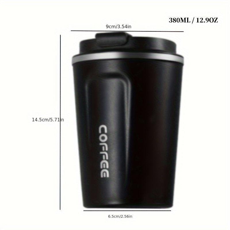 An elegant European stainless steel coffee mug with double-wall insulation and lockable lid, ideal for on-the-go use. Durable, leak-proof, and BPA-free. Hand wash only.