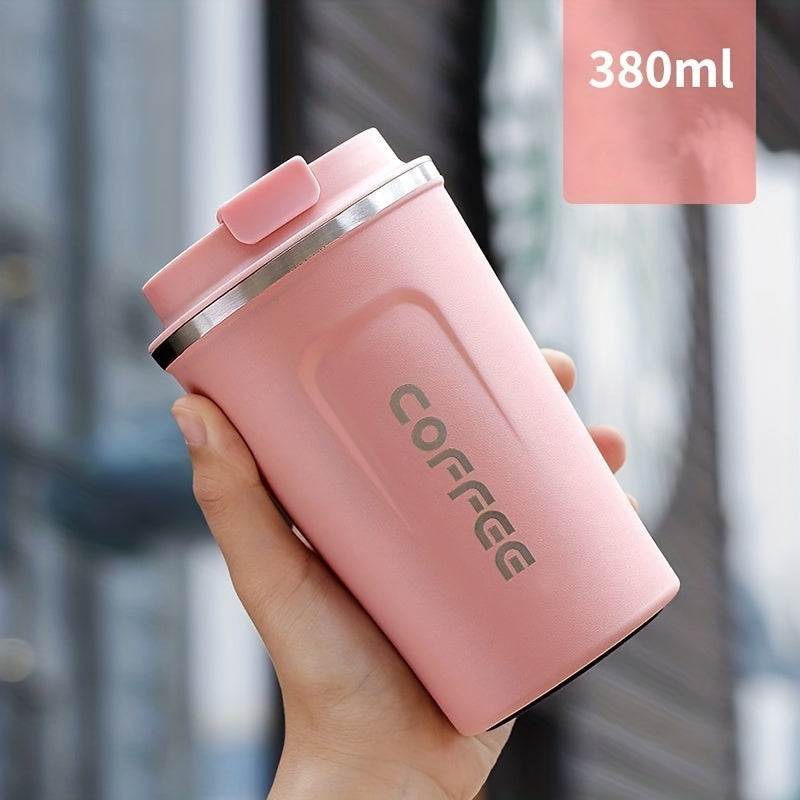 An elegant European stainless steel coffee mug with double-wall insulation and lockable lid, ideal for on-the-go use. Durable, leak-proof, and BPA-free. Hand wash only.