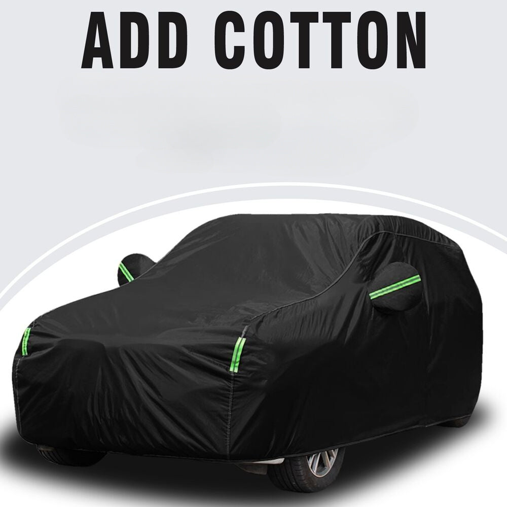 Premium SUV car cover with all-weather protection, breathable & durable. Suitable for indoor/outdoor use, dustproof, windproof, snowproof, and waterproof. Includes reflective safety strips