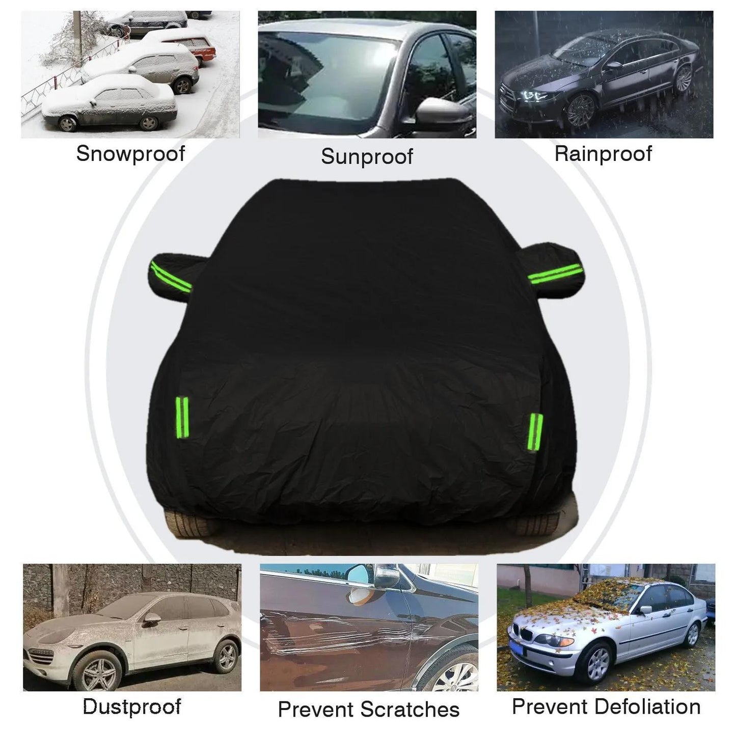 Premium SUV car cover with all-weather protection, breathable & durable. Suitable for indoor/outdoor use, dustproof, windproof, snowproof, and waterproof. Includes reflective safety strips