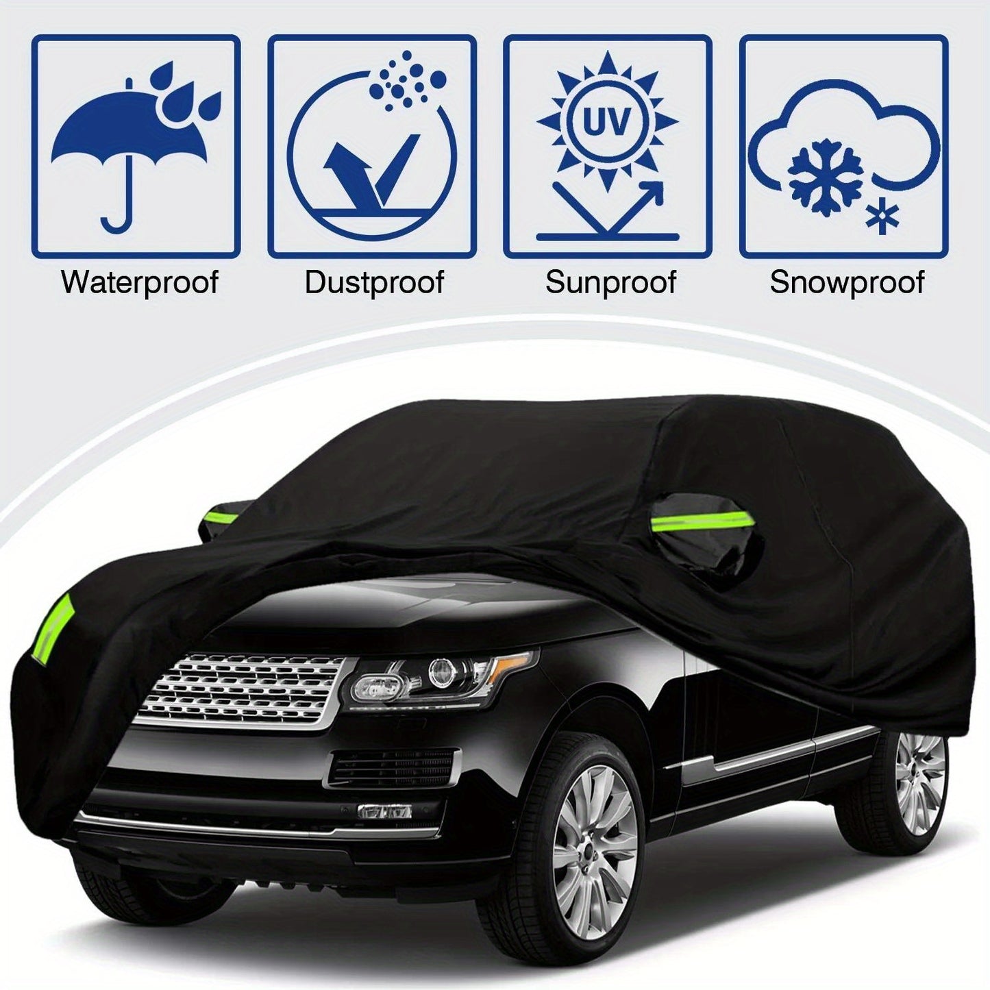 Premium SUV car cover with all-weather protection, breathable & durable. Suitable for indoor/outdoor use, dustproof, windproof, snowproof, and waterproof. Includes reflective safety strips