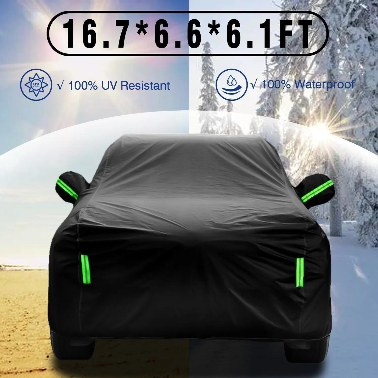 Premium SUV car cover with all-weather protection, breathable & durable. Suitable for indoor/outdoor use, dustproof, windproof, snowproof, and waterproof. Includes reflective safety strips