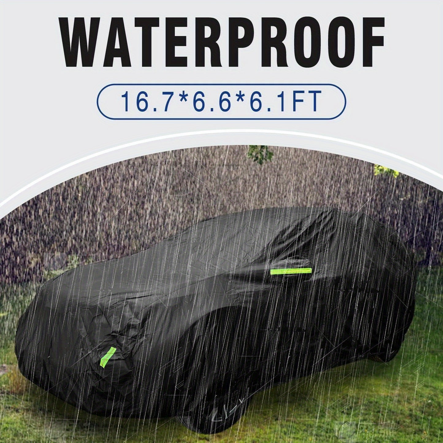 Premium SUV car cover with all-weather protection, breathable & durable. Suitable for indoor/outdoor use, dustproof, windproof, snowproof, and waterproof. Includes reflective safety strips