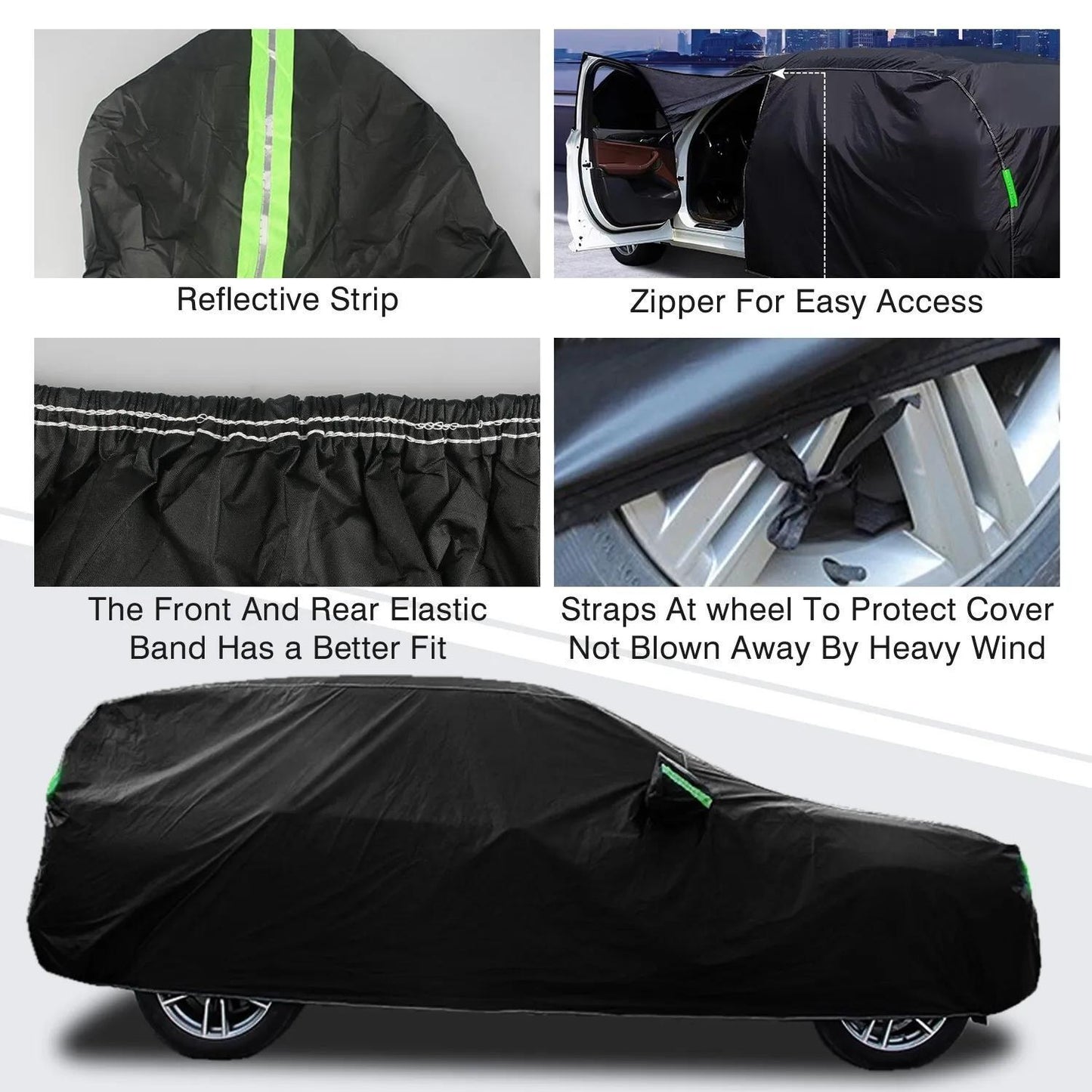 Premium SUV car cover with all-weather protection, breathable & durable. Suitable for indoor/outdoor use, dustproof, windproof, snowproof, and waterproof. Includes reflective safety strips