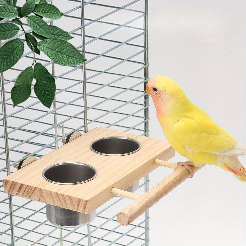 Stainless steel bird feeder cups with double dispensers and cage clip - ideal for parrots and other birds.