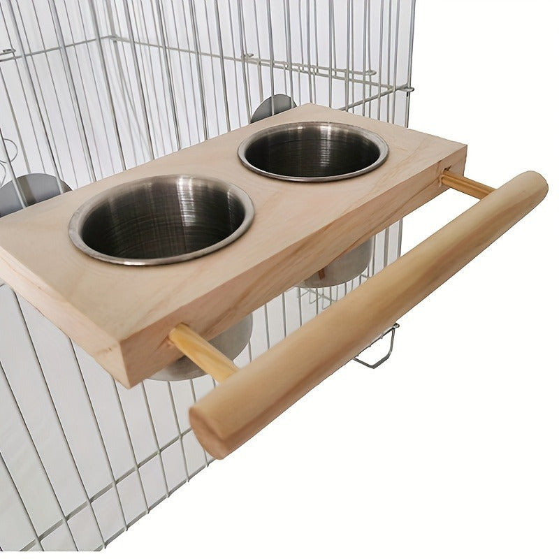 Stainless steel bird feeder cups with double dispensers and cage clip - ideal for parrots and other birds.