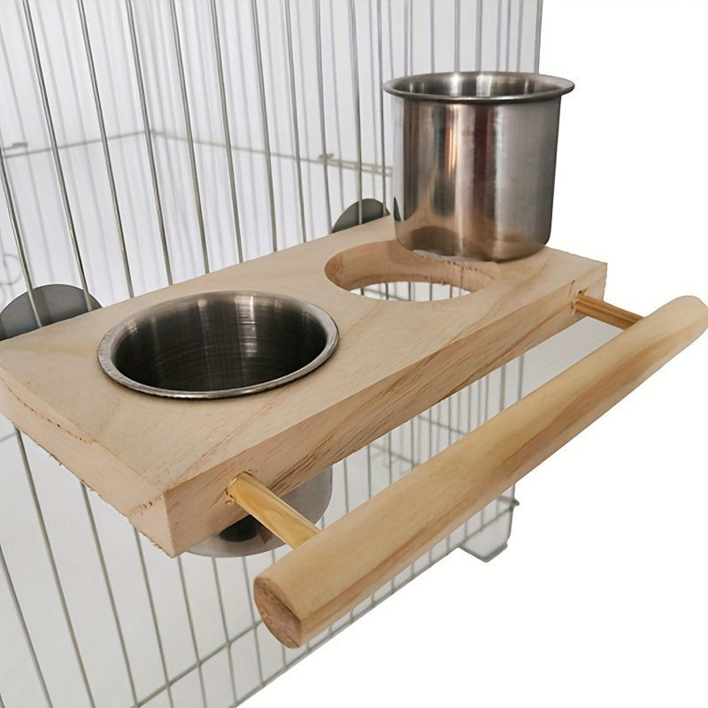 Stainless steel bird feeder cups with double dispensers and cage clip - ideal for parrots and other birds.