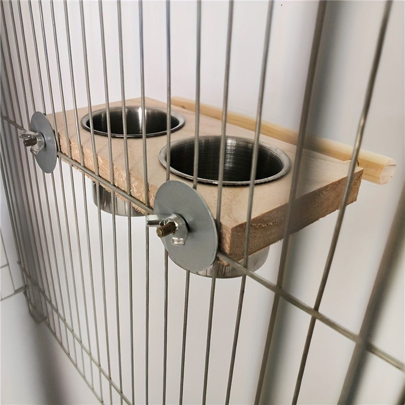 Stainless steel bird feeder cups with double dispensers and cage clip - ideal for parrots and other birds.