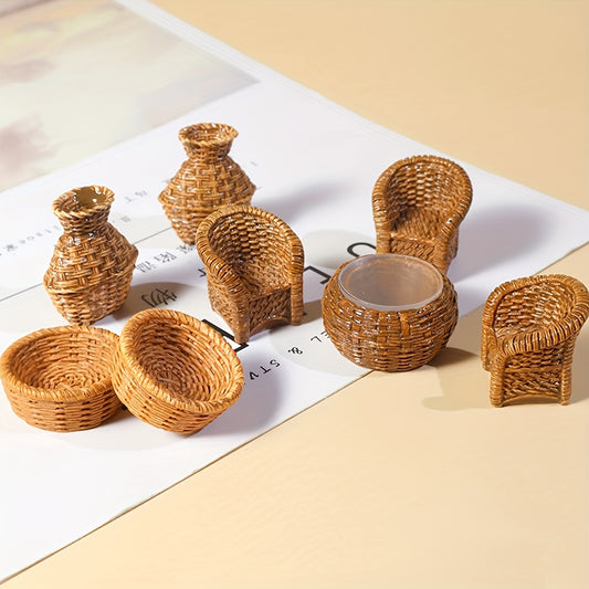 Collection of small bamboo furniture and resin figurines for home decoration, including a tiny bamboo chair, winnowing basket, fish creel, and bamboo pot.