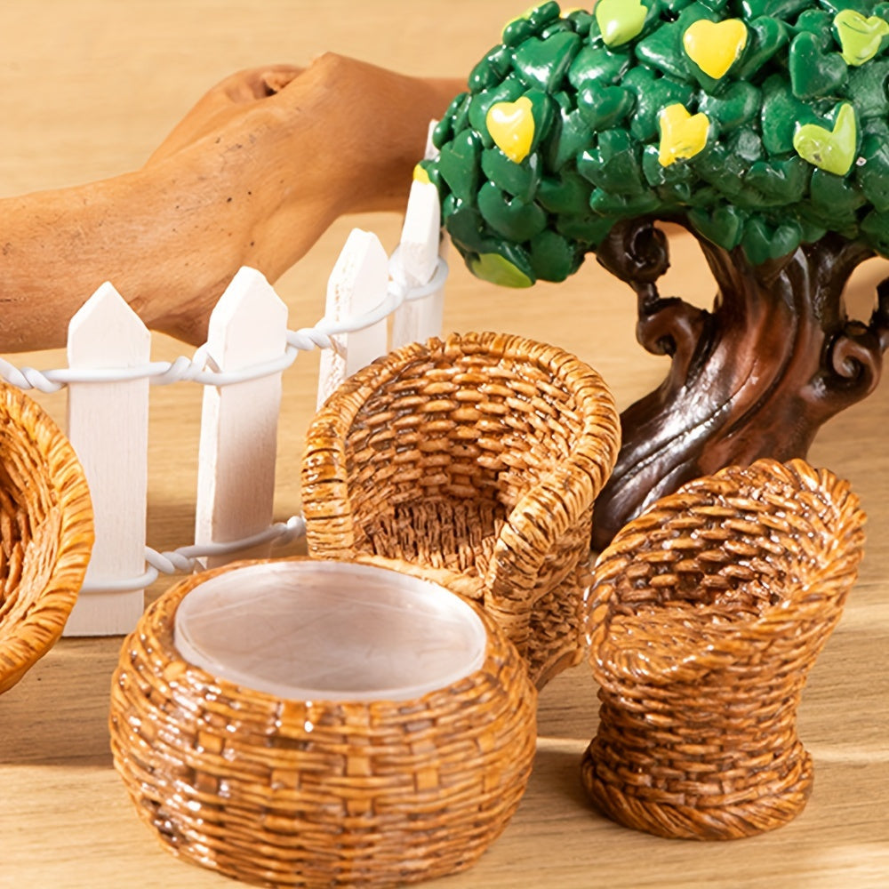 Collection of small bamboo furniture and resin figurines for home decoration, including a tiny bamboo chair, winnowing basket, fish creel, and bamboo pot.