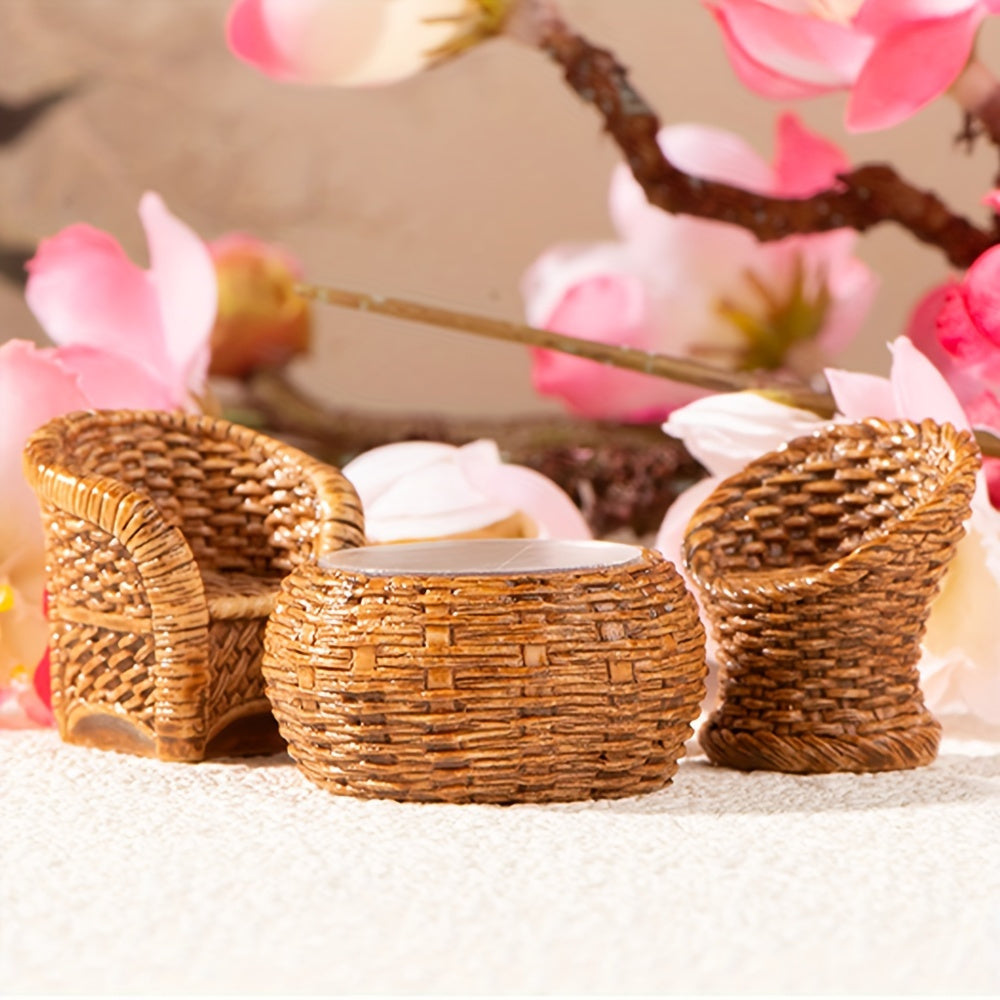 Collection of small bamboo furniture and resin figurines for home decoration, including a tiny bamboo chair, winnowing basket, fish creel, and bamboo pot.