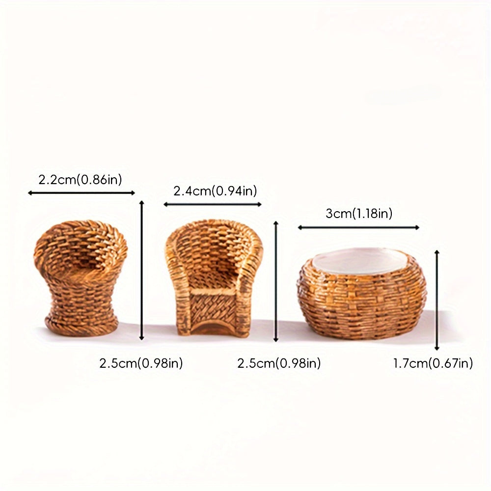 Collection of small bamboo furniture and resin figurines for home decoration, including a tiny bamboo chair, winnowing basket, fish creel, and bamboo pot.