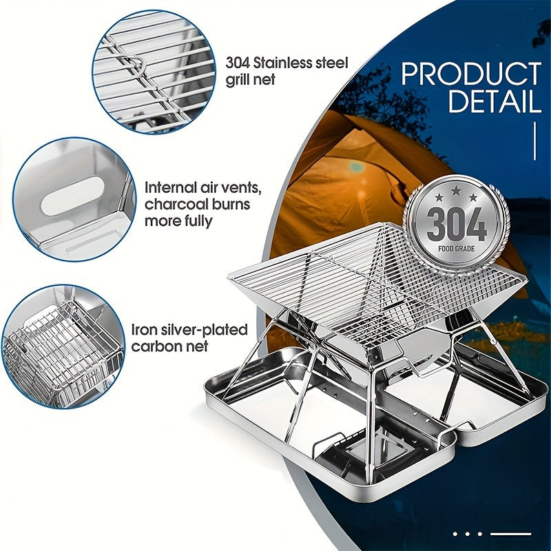 Портативный и легкий складной гриль из нержавеющей стали с сумкой для переноски, идеально подходит для кемпинга, пикников и приготовления пищи на свежем воздухе.