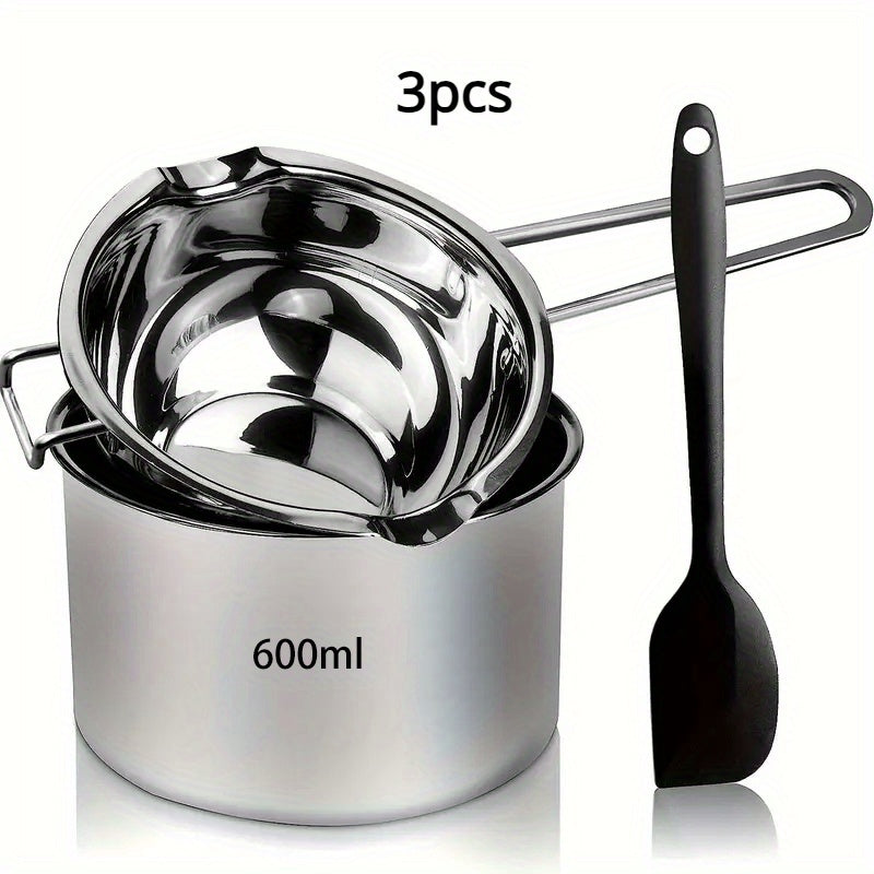 Stainless steel double melting pot set for safe and multifunctional chocolate, cheese, and candle melting, waterproof.