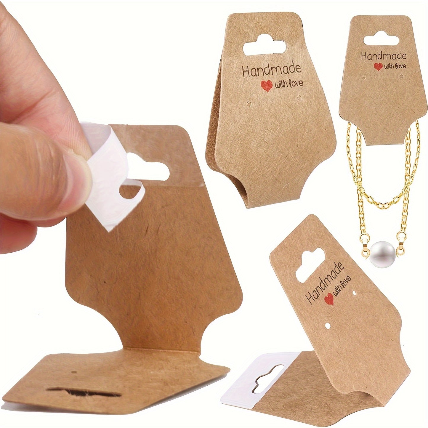 50/100pcs Self-Adhesive Cardboard Jewelry Display Hangers for Necklaces, Bracelets, Earrings, Headbands, Suspenders. Handmade with Love for Small Businesses.